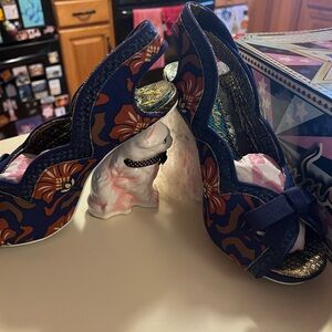 Irregular Choice Navy and Brown Floral Heels with cat Detail